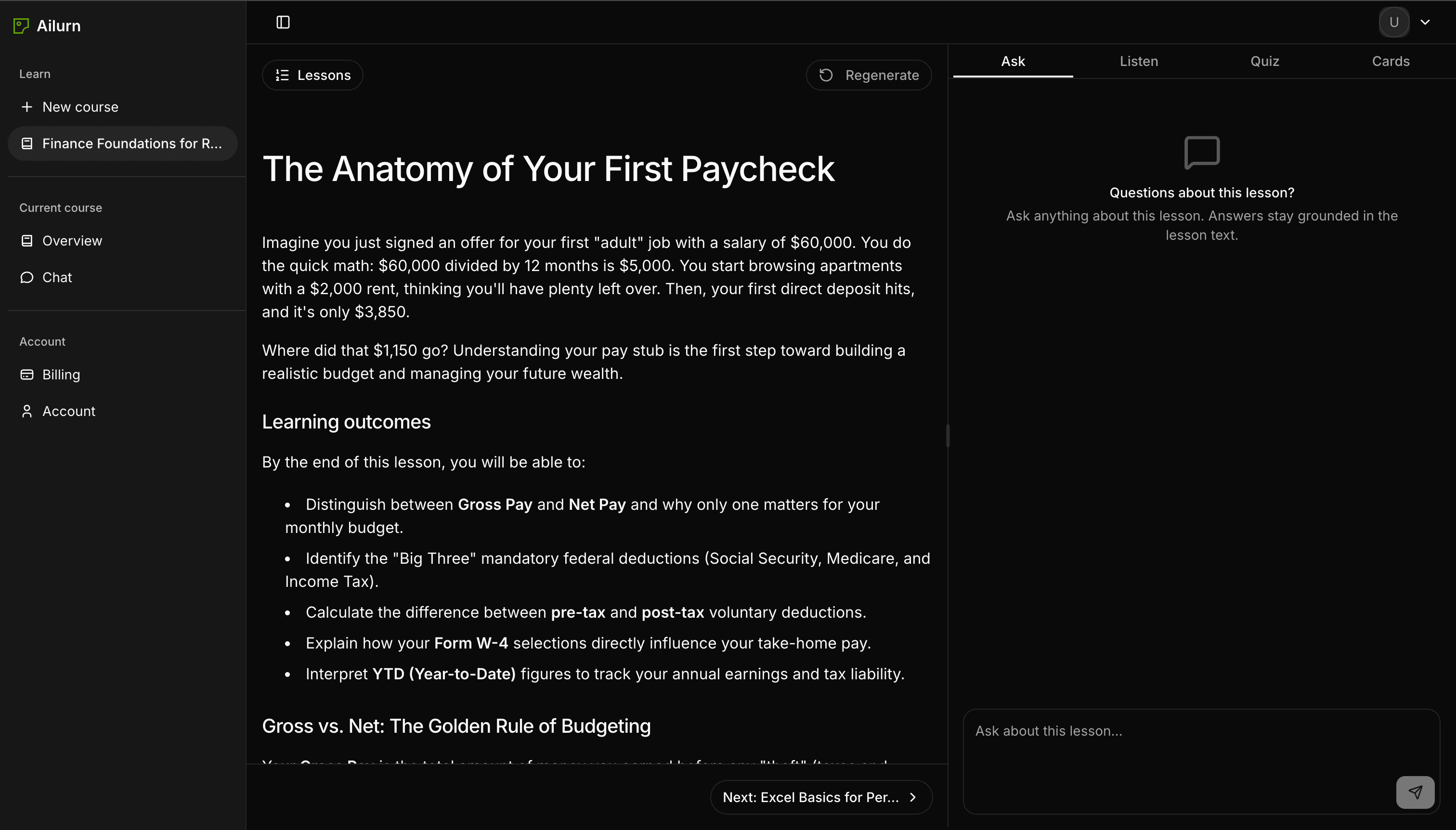 Ailurn lesson view showing the lesson reader and side ask panel.